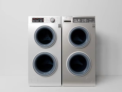 Two Modern Silver Washing Machines Arranged Side by Side in Laundry Room 3d model