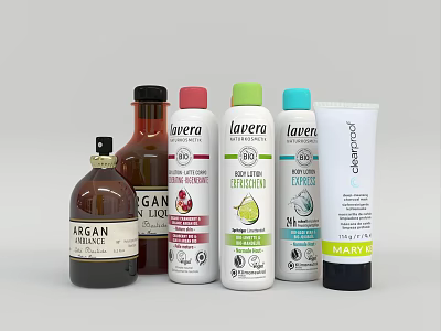 Perfume And Cosmetics Collection With Vegan Bio Argan Clean Cool Bottles And Tubes 3d model