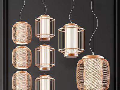 Multiple Hanging Pendant Lights With Metal Mesh Cage Design And Copper Finish For Modern Interior Decor 3d model