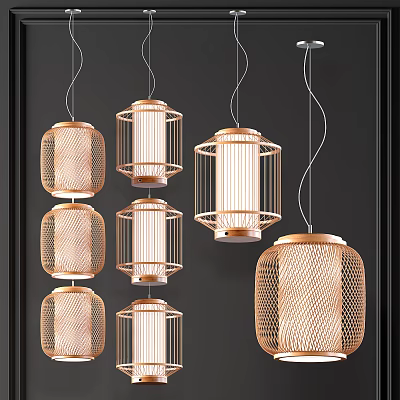 Multiple Hanging Pendant Lights With Metal Mesh Cage Design And Copper Finish For Modern Interior Decor 3d model