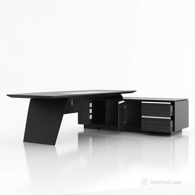 Modern Black Office Desk With Spacious Tabletop Attached Side Cabinet Drawers And Open Compartments 3d model 