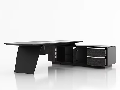 Modern Black Office Desk With Spacious Tabletop Attached Side Cabinet Drawers And Open Compartments 3d model