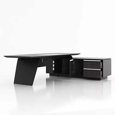 Modern Black Office Desk With Spacious Tabletop Attached Side Cabinet Drawers And Open Compartments 3d model