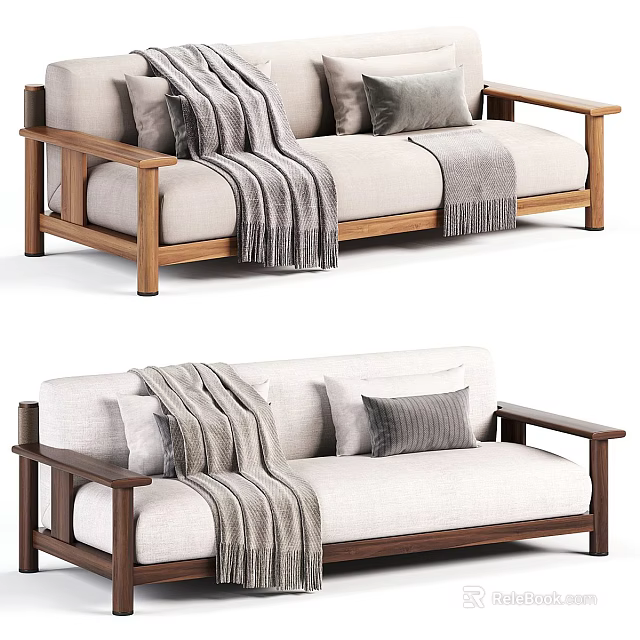 Minimalist Two Seater Sofa With Wooden Armrests Beige Cushions And Gray Throw Blankets 3d model 
