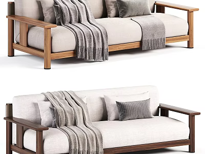 Minimalist Two Seater Sofa With Wooden Armrests Beige Cushions And Gray Throw Blankets 3d model