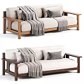 Minimalist Two Seater Sofa With Wooden Armrests Beige Cushions And Gray Throw Blankets