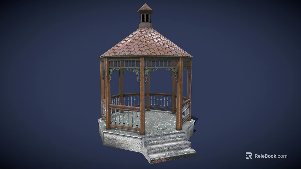 Ornate Classical Wooden Gazebo With Tile Roof Railing And Stone Steps 3d model 