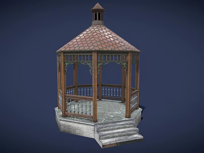 Ornate Classical Wooden Gazebo With Tile Roof Railing And Stone Steps 3d model
