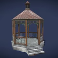 Ornate Classical Wooden Gazebo With Tile Roof Railing And Stone Steps