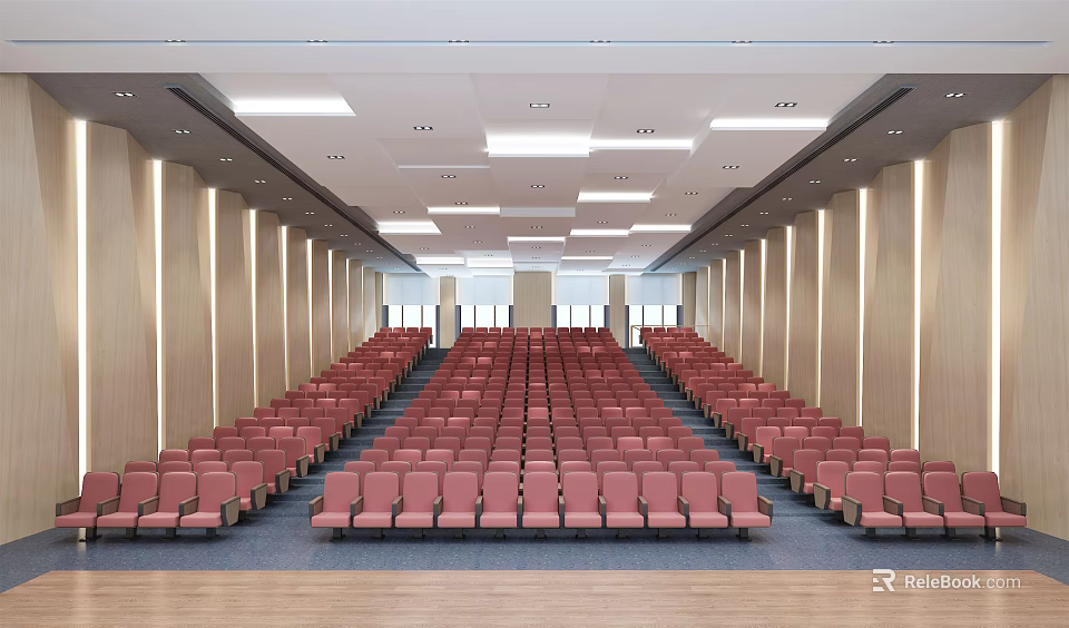 Conference Room Interior With Neatly Arranged Red Seats Wooden Walls And Ceiling Lights 3d model 