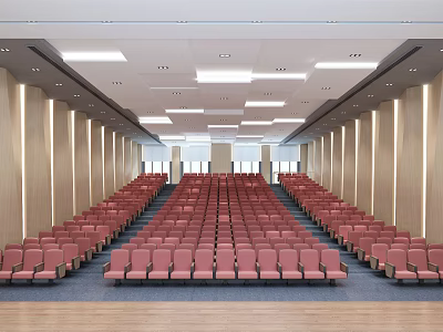 Conference Room Interior With Neatly Arranged Red Seats Wooden Walls And Ceiling Lights 3d model
