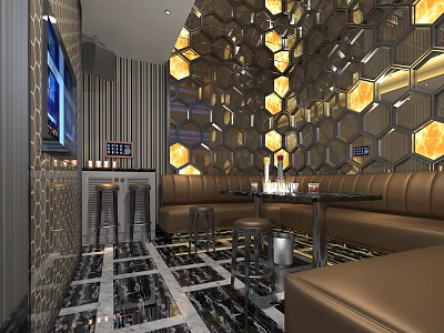 Luxury Modern KTV Interior Design With Honeycomb Golden Wall Leather Sofa And Tables 3d model