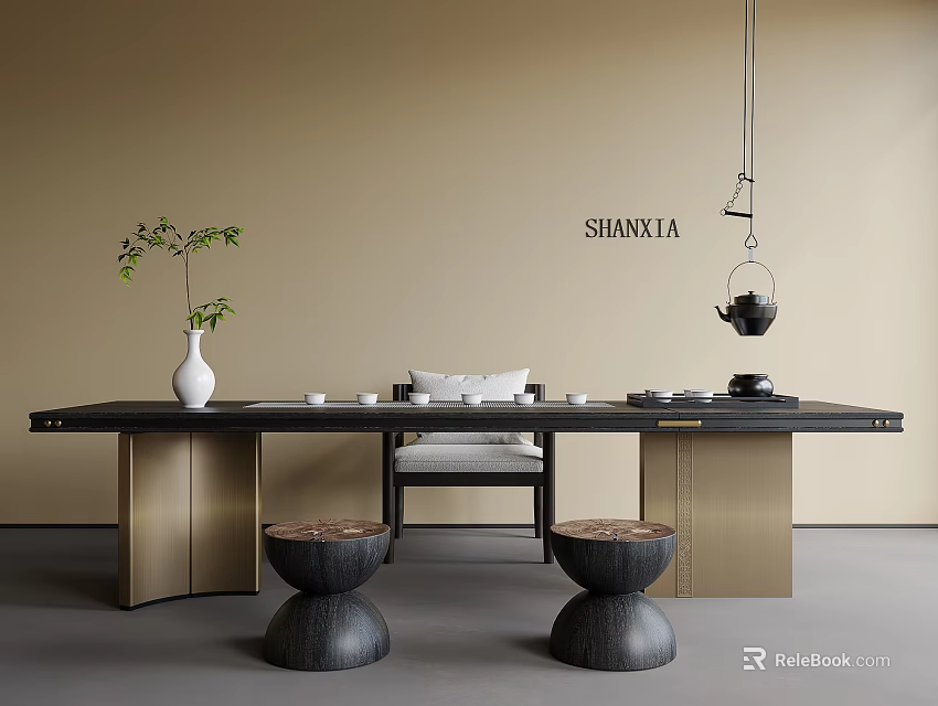 Elegant Modern Tea Table With Gold Metal Legs Round Stools Green Plant And Tea Sets 3d model 