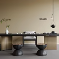 Elegant Modern Tea Table With Gold Metal Legs Round Stools Green Plant And Tea Sets