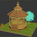 Wooden Garden Gazebo With Red Tile Roof On Green Grass And Tree With Purple Flowers