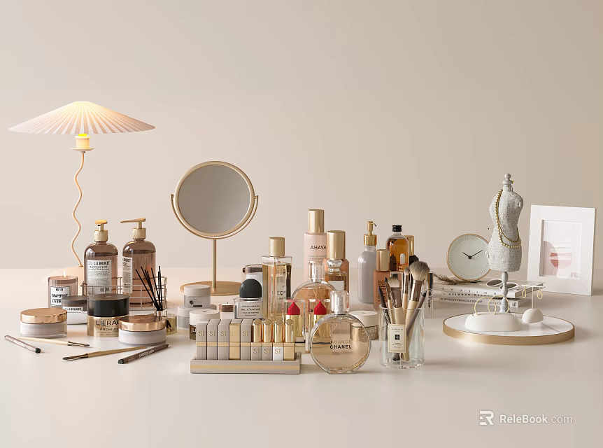 Luxury Perfume And Cosmetics Display With Round Mirror Makeup Brushes And Elegant Bottles 3d model 