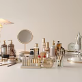 Luxury Perfume And Cosmetics Display With Round Mirror Makeup Brushes And Elegant Bottles