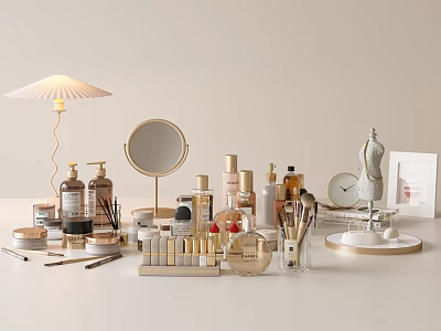 Luxury Perfume And Cosmetics Display With Round Mirror Makeup Brushes And Elegant Bottles 3d model