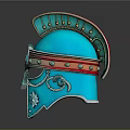 Ancient Metallic Decorative Helmet With Intricate Engravings And Blue Red Accents