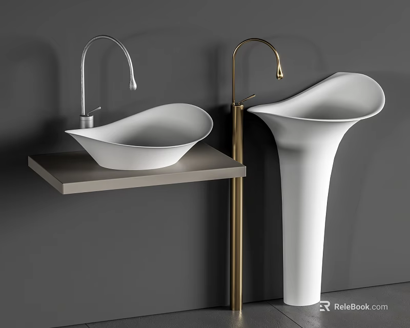Modern Washbasin Design Countertop And Freestanding Pedestal With Silver Gold Faucets Against Gray Background 3d model 