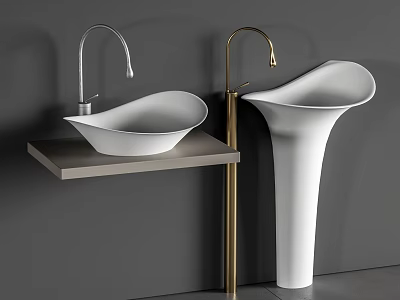 Modern Washbasin Design Countertop And Freestanding Pedestal With Silver Gold Faucets Against Gray Background 3d model