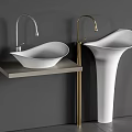 Modern Washbasin Design Countertop And Freestanding Pedestal With Silver Gold Faucets Against Gray Background