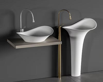 Modern Washbasin Design Countertop And Freestanding Pedestal With Silver Gold Faucets Against Gray Background 3d model