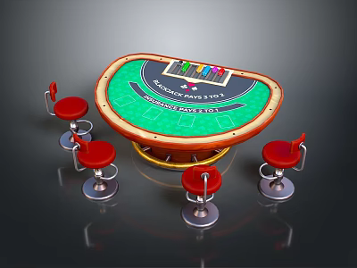 Casino Entertainment Table With Green Tabletop Blackjack Poker And Red Bar Stools 3d model