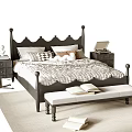 Elegant Double Bed With Crown Shaped Headboard Dark Wooden Frame Nightstands Bench And Books