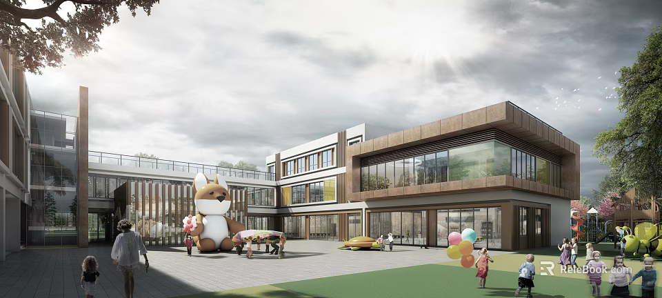 Modern Wooden Glass School Building With Outdoor Play Area Children Playing Cartoon Fox Balloons 3d model 