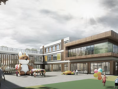 Modern Wooden Glass School Building With Outdoor Play Area Children Playing Cartoon Fox Balloons 3d model