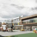 Modern Wooden Glass School Building With Outdoor Play Area Children Playing Cartoon Fox Balloons