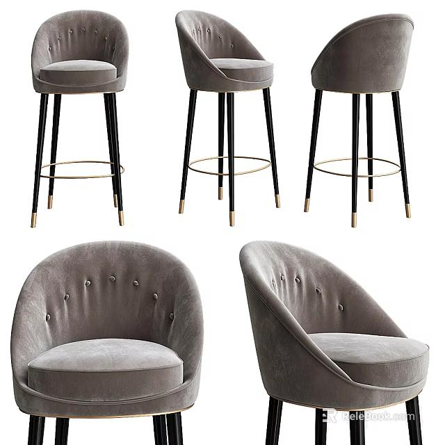 Elegant Gray Velvet Bar Stools With Tall Metal Legs And Tufted Button Design 3d model 