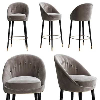 Elegant Gray Velvet Bar Stools With Tall Metal Legs And Tufted Button Design 3d model