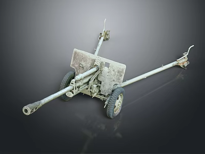 Vintage Artillery Gun with Two Wheels Long Barrel and Gray Green Metal Structure 3d model