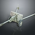 Vintage Artillery Gun with Two Wheels Long Barrel and Gray Green Metal Structure