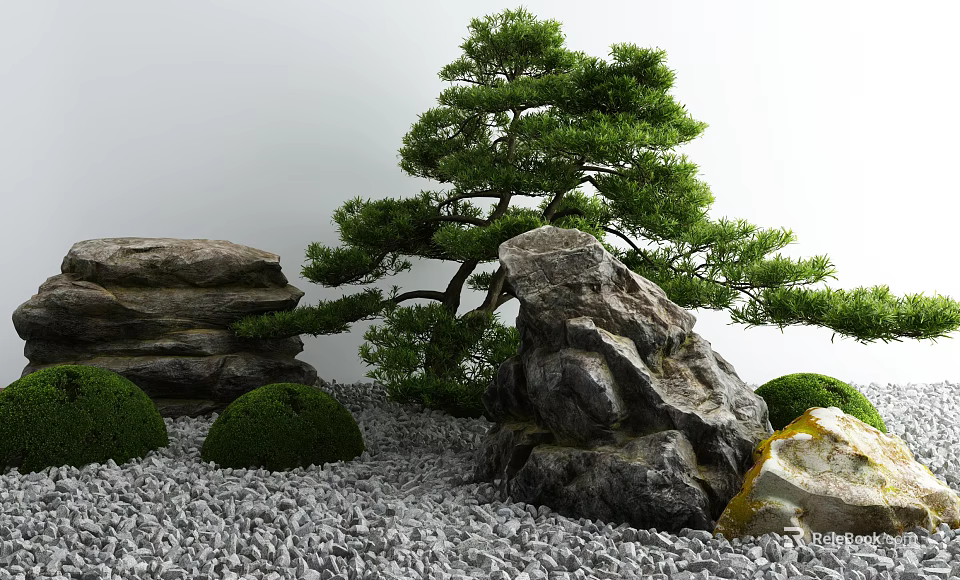 Japanese Zen Garden Ornament Featuring Pine Tree Rocks Small Shrubs And Gravel 3d model 