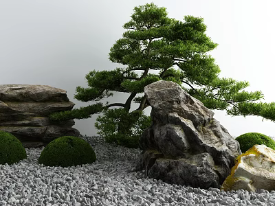 Japanese Zen Garden Ornament Featuring Pine Tree Rocks Small Shrubs And Gravel 3d model