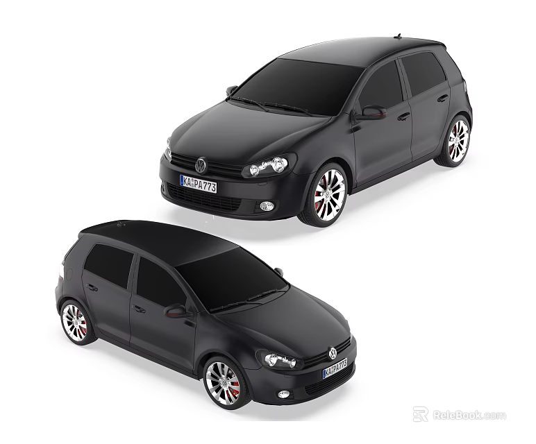 Two Black Compact Hatchback Cars With Silver Rims And Front Side Views 3d model