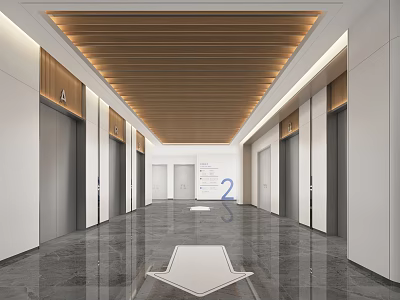 Modern Elevator Lobby Interior With Wooden Ceiling Recessed Lighting Marble Floor And Directional Arrow 3d model