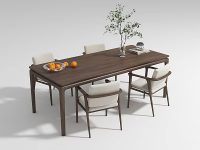 Walnut Wood Dining Table Set With Oranges Green Plant Books And Light Colored Chairs 3d model
