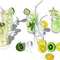 Refreshing Summer Drinks with Lemon Lime Slices Mint Leaves Ice Cubes and Straws in Glasses