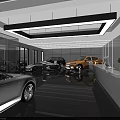 Modern Car Showroom Display With Luxury Cars Glass Walls Hanging Lights And Shiny Floors
