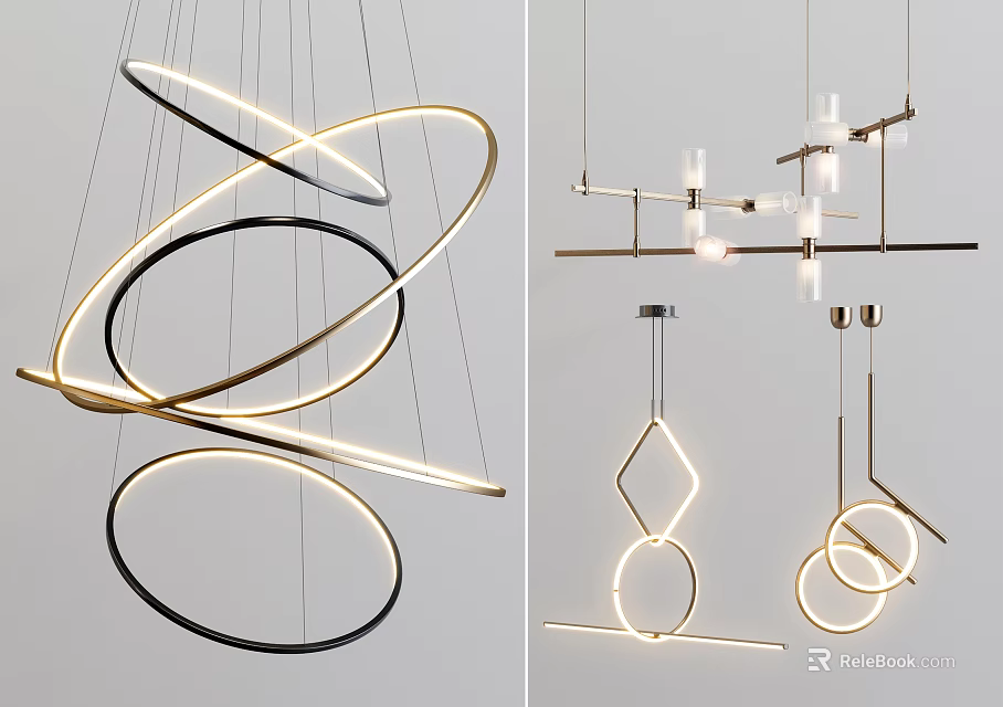Modern Geometric Chandeliers With Circular And Diamond Shapes Metal Frames And Sleek Lighting 3d model 