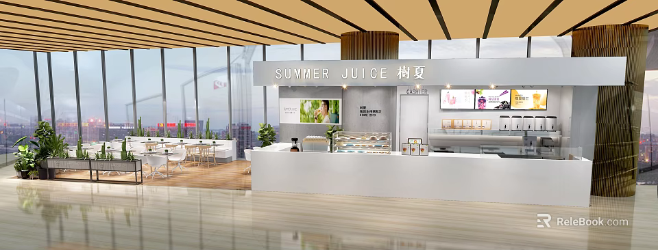 Modern Summer Juice Milk Tea Shop Interior with Counter Displayed Drinks Tables and Chairs 3d model 