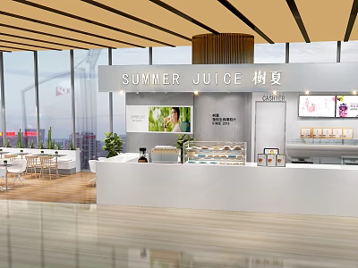 Modern Summer Juice Milk Tea Shop Interior with Counter Displayed Drinks Tables and Chairs 3d model