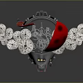 Red Ladybug Shaped Object With Multiple Clocks And Metallic Structure