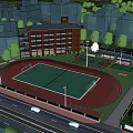 Campus Sports Facility With Red Running Track Green Football Field And Basketball Court