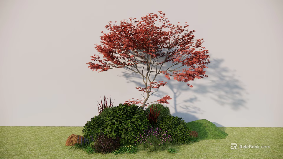 Red Leaf Tree With Green Shrubs And Lush Grass In Garden Landscape 3d model 
