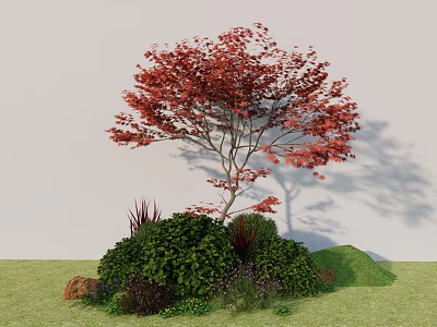 Red Leaf Tree With Green Shrubs And Lush Grass In Garden Landscape 3d model